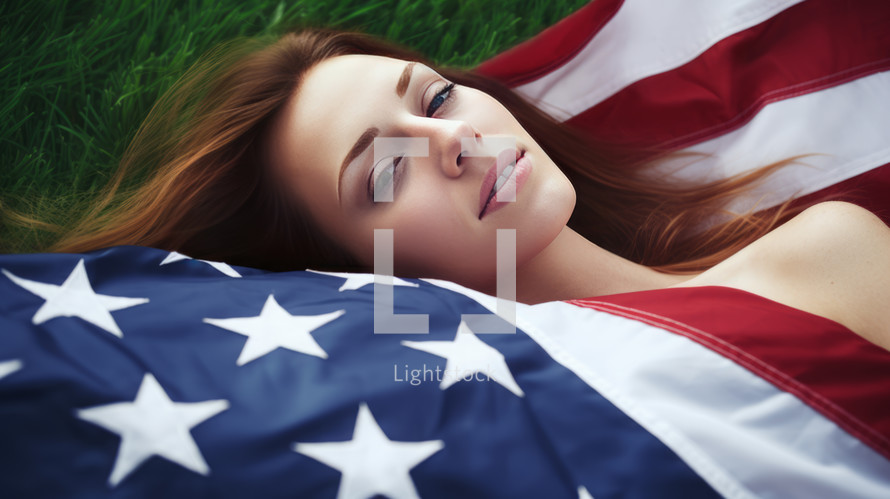 AI generated image. Young woman lying down on US flag outdoors on a green grass. USA Independence Day concept