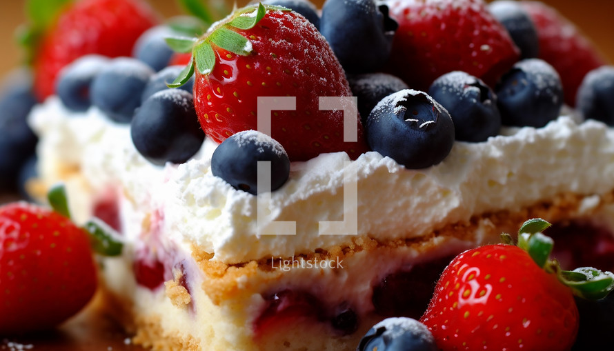 Delicious Fourth of July dessert, decorated with red, white, and blue berries