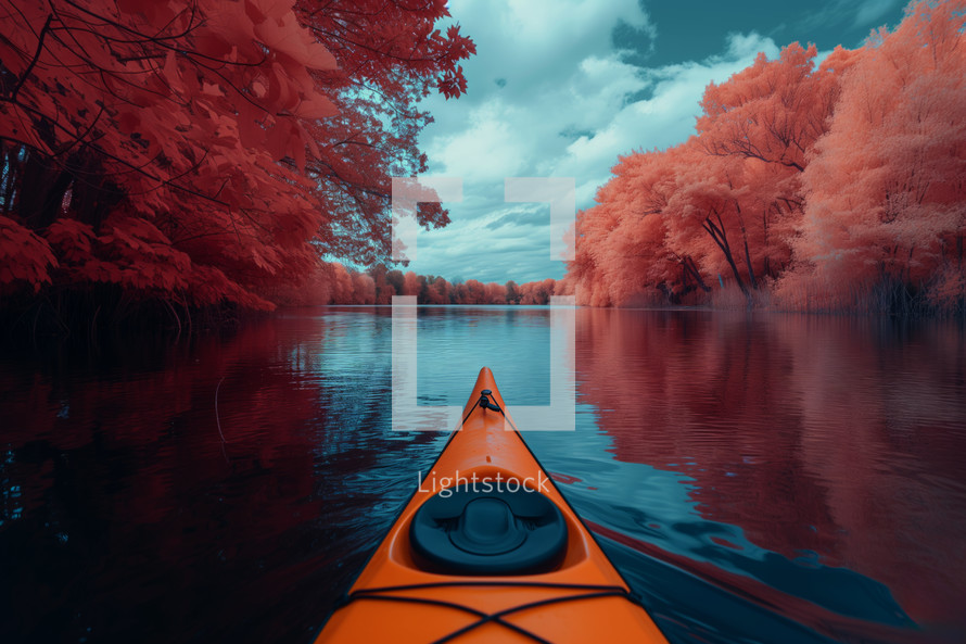 AI Generated Image. Infrared shot of the kayak floating on the pond in the great nature landscape