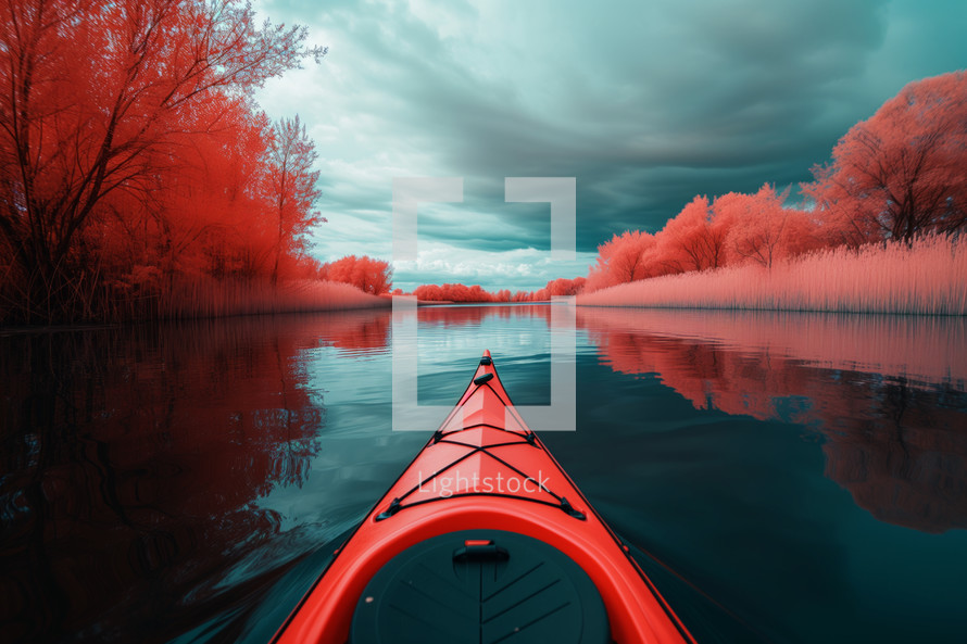 AI Generated Image. Infrared shot of the kayak floating on the pond in the great nature landscape