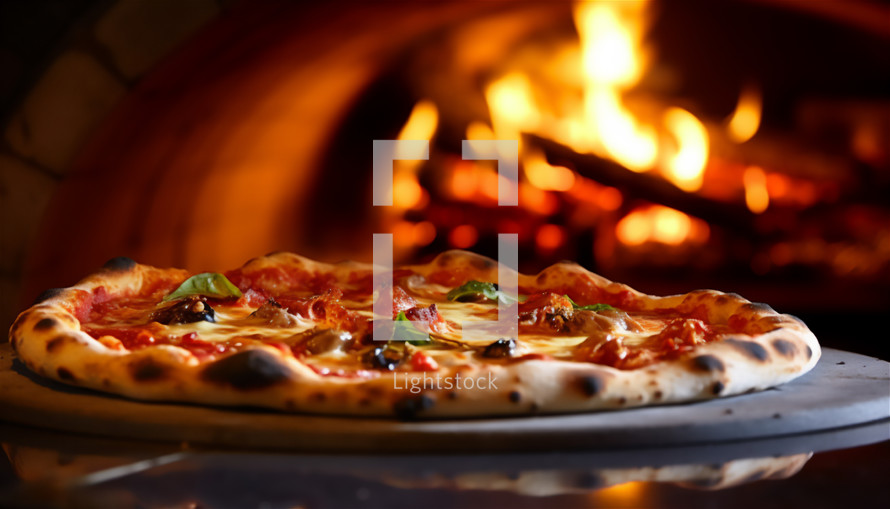 Italian pizza cooked in a wood oven. AI generative.