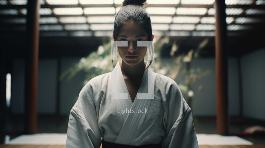 The ambiance of a girl gracefully executing kata in a kimono within the dojo's tranquil environment. Generative AI