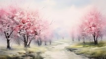 Generative AI A serene, misty morning in a cherry blossom garden. landscape watercolor