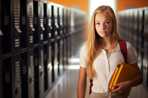 AI generative images. Female blond high school student standing near lockers and holding schoolbooks