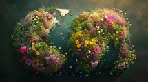 Earth's continents portrayed as flourishing gardens with blooming flowers in a realistic representation, showcasing the globe adorned with different floral compositions, highlighting the unique landscapes of each continent Generative AI