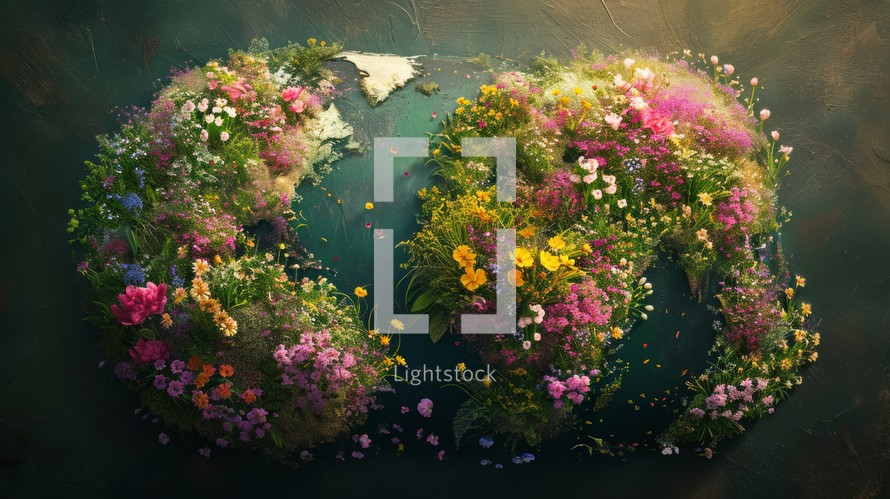 Earth's continents portrayed as flourishing gardens with blooming flowers in a realistic representation, showcasing the globe adorned with different floral compositions, highlighting the unique landscapes of each continent Generative AI