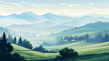 A serene, misty morning in the countryside with a fog-covered valley. vector cartoon graphic Generative AI