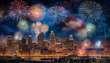 A festive collage of fireworks bursting over a city skyline on Independence Day