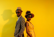 AI Generated Image. Elegant trendy vintage fashionable black people posing on yellow background