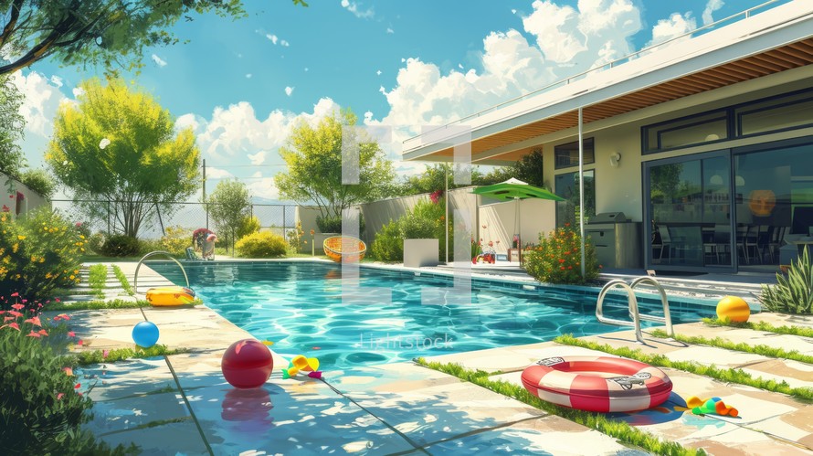 Courtyard pool of a suburban house, family-friendly design, pool toys, green lawn, detailed and inviting illustration Generative AI