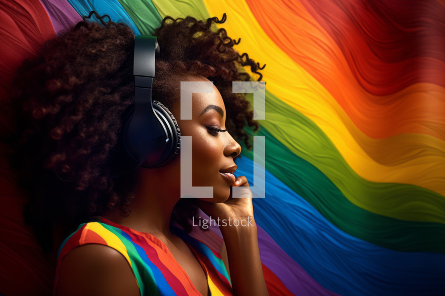 AI generative image. African American woman with headphones listening music against LGBT rainbow flag