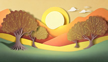 Hills, sun, and trees illustration