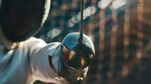 AI Generated Image. Close up of fencer in mask holding sword at summer international sport event