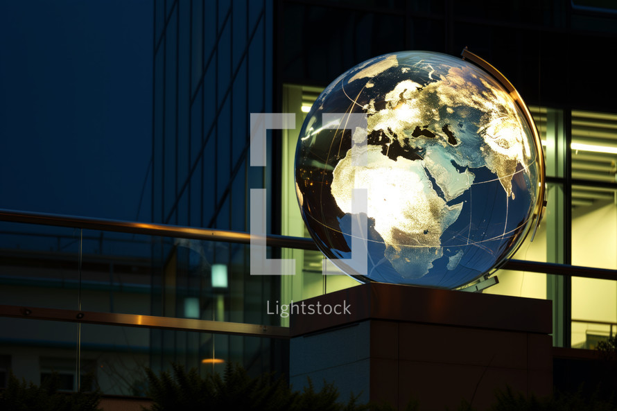 AI Generated Image. Illuminated Earth globe decoration in a modern night city. Earth Day concept