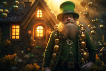 AI Generated Image. St Patrick's Day leprechaun standing against his house in a magic forest