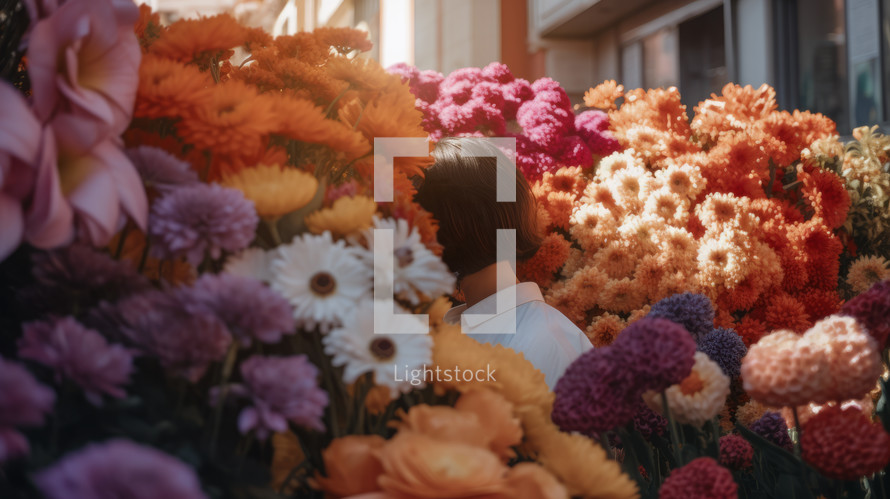 AI generated image. Anonymous person on a city street hiding behind the colorful fresh flowers