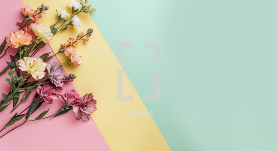 AI Generated Image. Mother’s Day Banner layout with copy space and flowers on colorful background