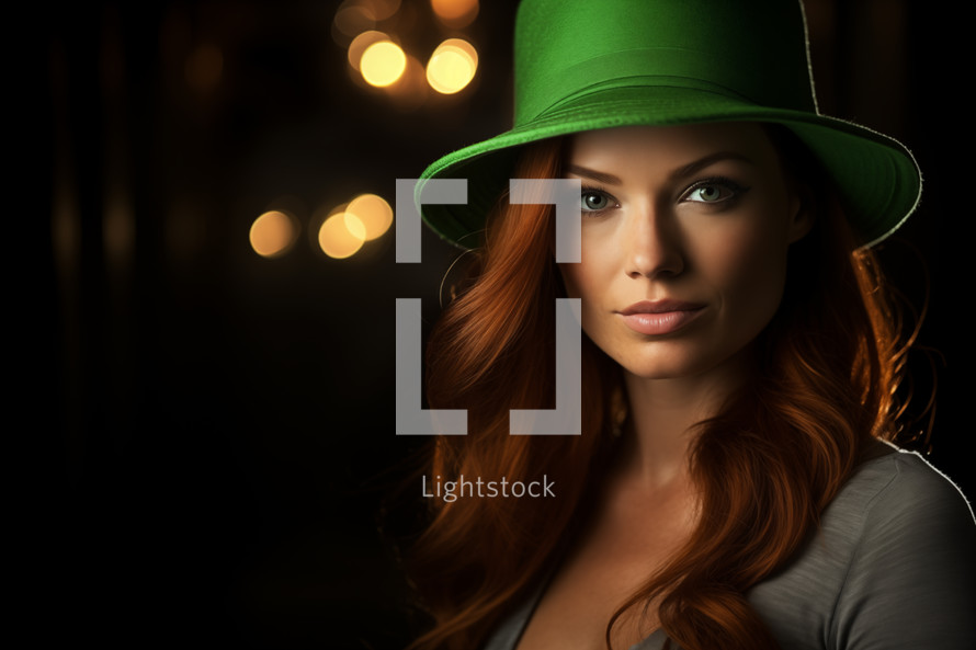 AI Generated Image. Beautiful young redhead woman wearing St Patrick's Day leprechaun costume