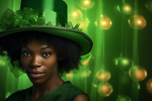 AI Generated Image. Beautiful young African American woman wearing St Patrick Day leprechaun costume against green magic background
