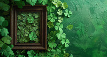 AI Generated Image. Empty photo frame surrounded by lucky shamrocks on a dark green table. St. Patrick’s Day concept