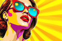 AI Generated Image. Collage pop art banner with woman in sunglasses. Summer vacation concept