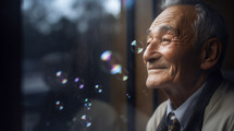 AI Generated Image. Serene smiling senior man looking to the window while the bubbles are flying