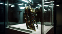 AI generated image. Metallic robot body prototype inside the transparent glass cube container in scientific laboratory. Artificial intelligence concept