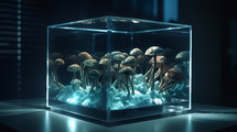 AI generated image. Cultivation of glowing mushrooms inside the transparent glass cube container in scientific laboratory