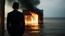 AI Generated Image. Back view on the man wearing black classic suit looking at the house burning in the sea. Cinematographic effect