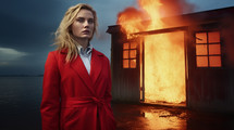 AI Generated Image. Blond woman wearing red raincoat standing next to the house burning in the sea