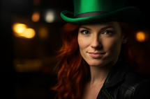 AI Generated Image. Beautiful young redhead woman wearing St Patrick Day leprechaun costume