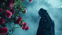 AI Generated Image. Pensive and dreamlike woman under the rain and pink flowers on a foreground