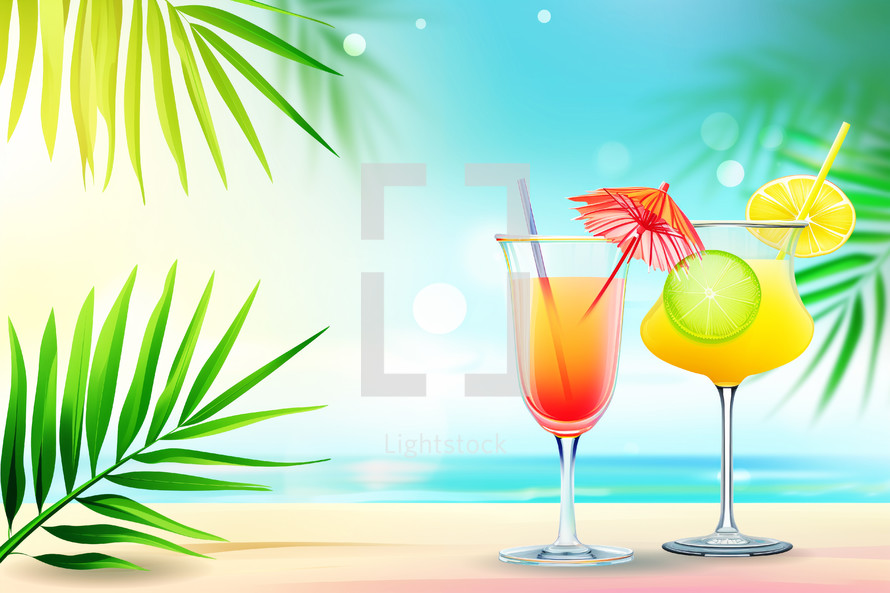 AI Generated Image. Illustrative banner with palm leaves and cocktails. Summer vacation concept