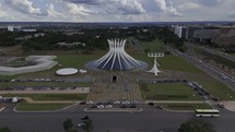 Drone flies straight on to Catedral Metropolitana Nossa Senhora Aparecida in Brasilia, Brazil