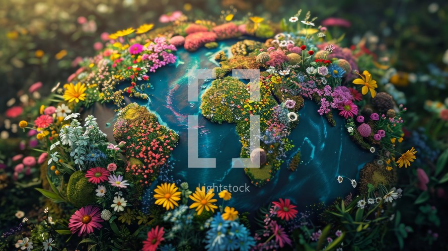 Detailed photo concept of Earth where continents are visualized as colorful flowerbeds, illustrating various floral species across different continents, portraying the planet's rich and diverse ecosystems Generative AI