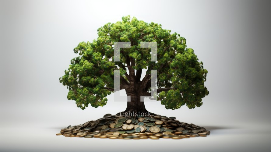 Ultra-realistic portrayal of a tree on a white background, symbolizing capital growth power, positioned adjacent to a coin. Detailed and lifelike depiction showcasing the correlation between growth and wealth in a realistic photo Generative AI