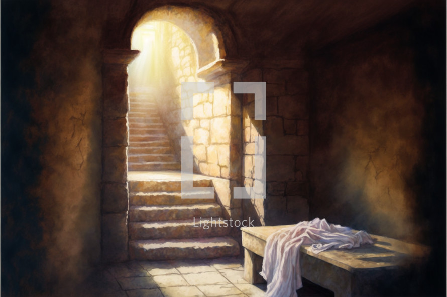 The tomb is empty, yet light is coming from the outside. Resurrection of Jesus Christ