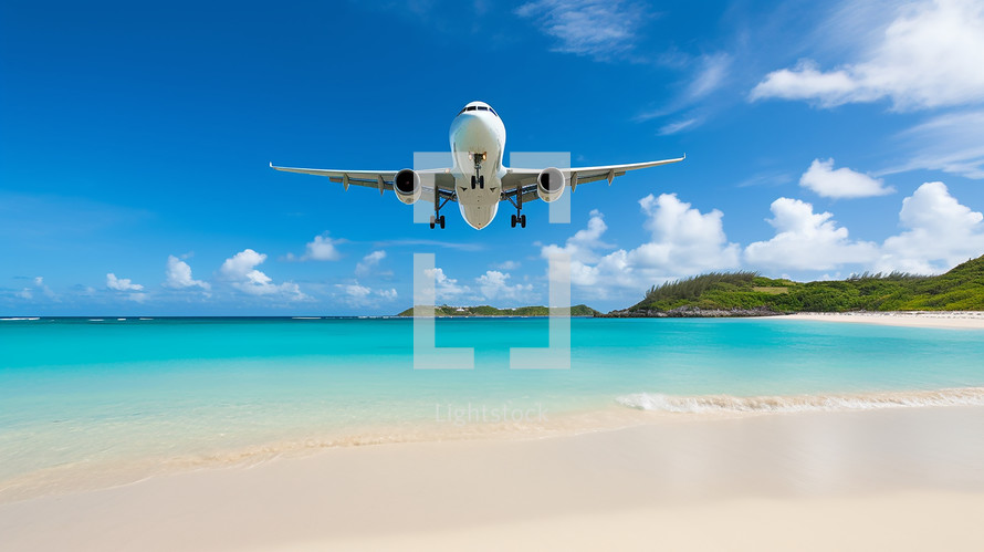 Airplane flies over a Caribbean beach