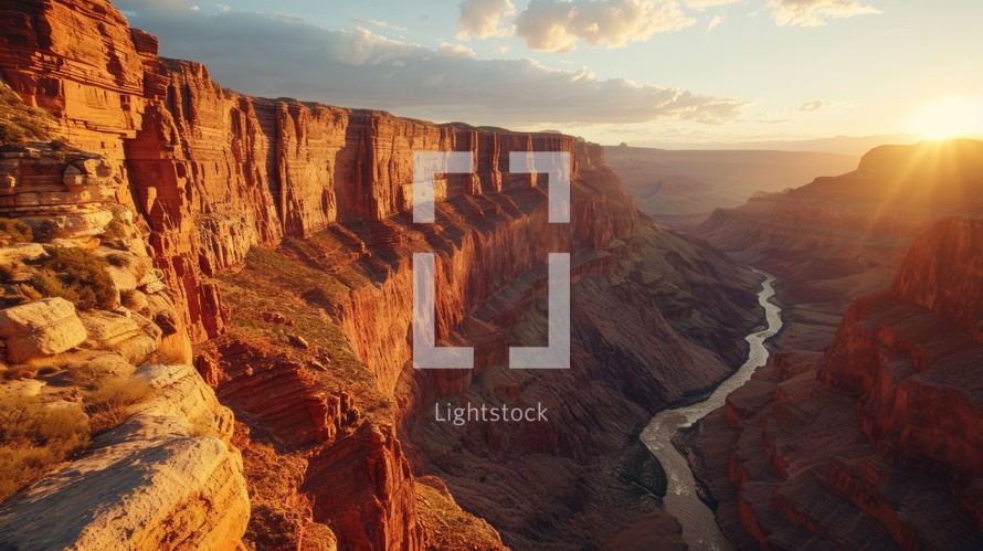 Towering canyon walls, drone's perspective, sun on horizon, breathtaking vistas, immersive and detailed sunset over the Grand Canyon Generative AI