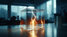 AI generated image. glowing flash of lightning inside the transparent glass cube container in scientific laboratory