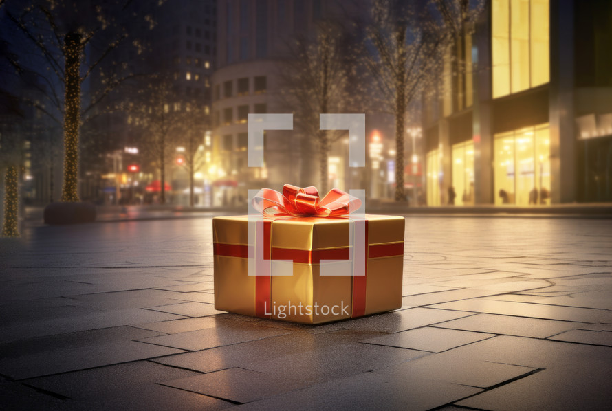AI generated image. Huge giant gift box on a street of the Christmas illuminated and decorated city