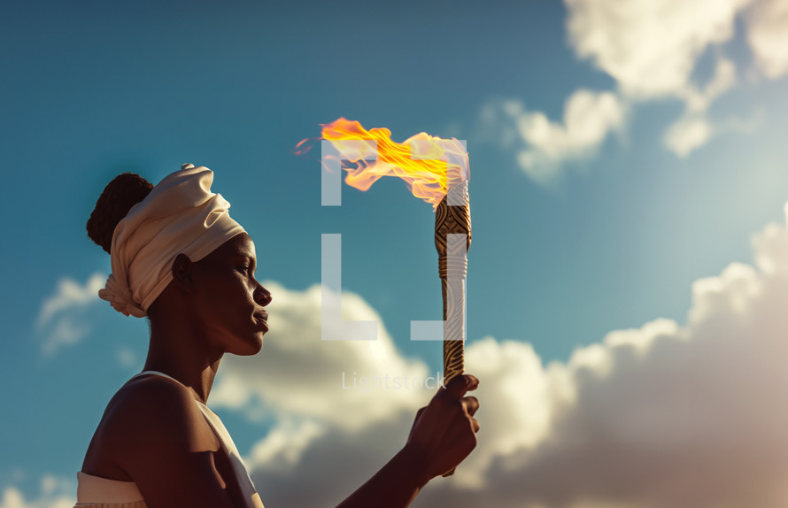 AI Generated Image. Ethnic female athlete carries flaming sport torch at the opening ceremony