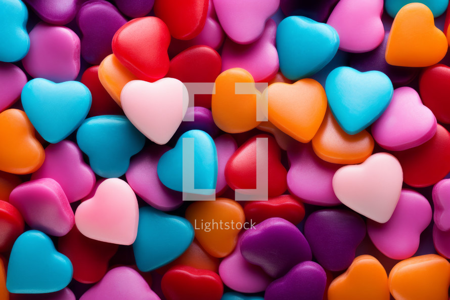 AI Generated Image. Full frame view of the colorful heart shaped candies. Valentine’s Day concept