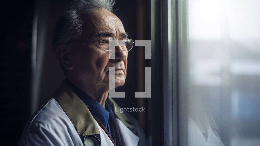 AI Generated Image. Serene senior doctor wearing uniform in the clinic and looking at the window
