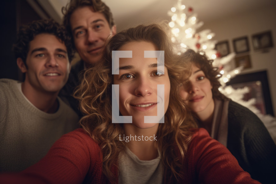 AI generative images. Woman taking selfie with her family on at home with Christmas tree on background