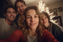 AI generative images. Woman taking selfie with her family on at home with Christmas tree on background