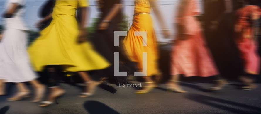 AI generated image. Defocused and motion blurred low section image of unrecognizable people wearing colorful dresses in the city