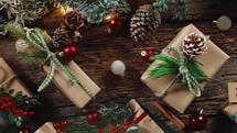 Christmas presents background on wooden table vertical shoot