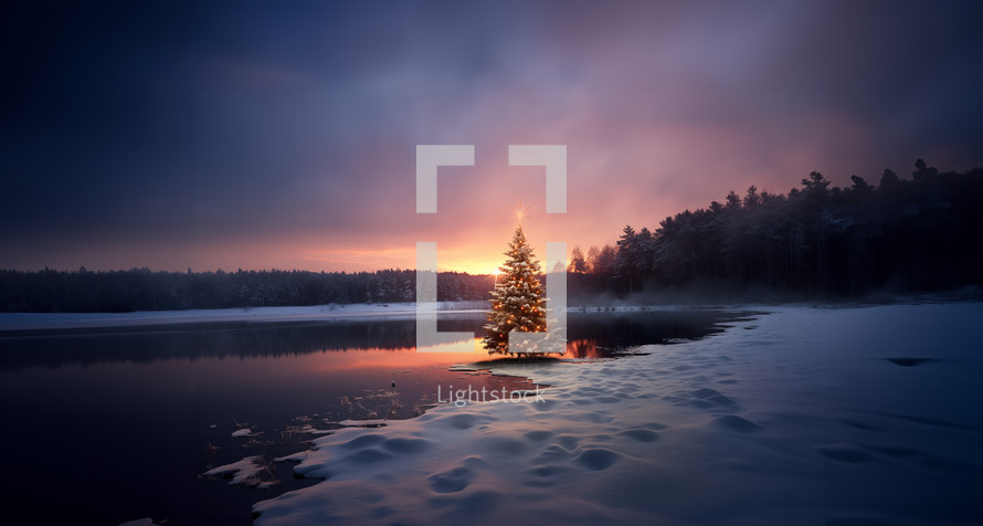AI Generated Image. Illuminated and decorated Christmas tree in a winter snowy landscape with pond and forest during majestic sunset