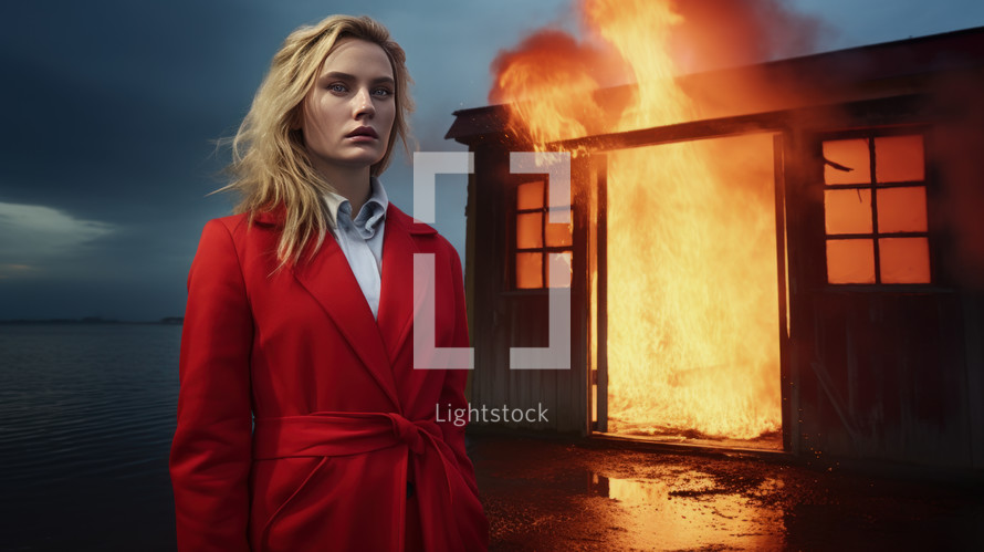 AI Generated Image. Blond woman wearing red raincoat standing next to the house burning in the sea